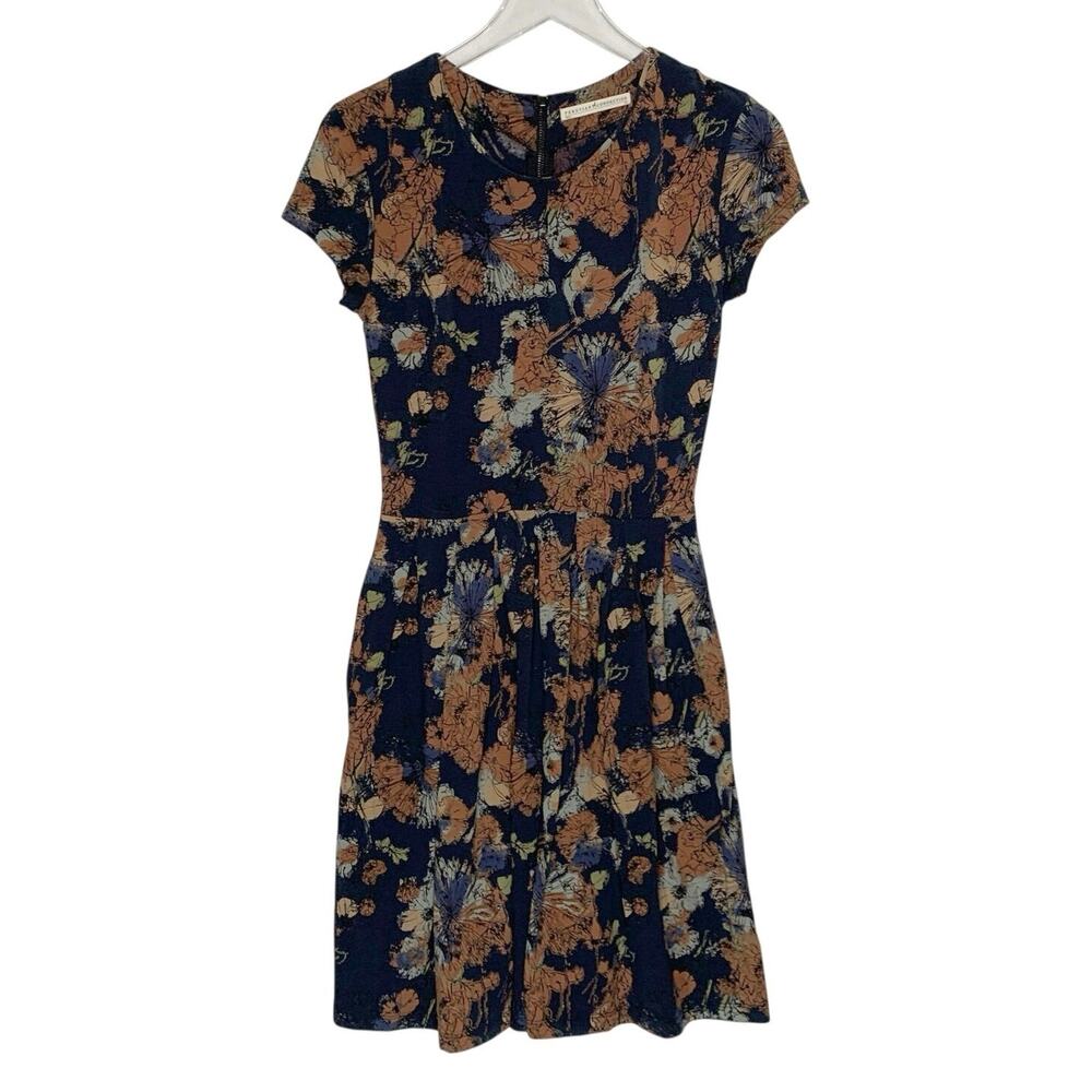Peruvian Connection Fit Flare Dress XS Navy Brown Floral Earthtone Botanical